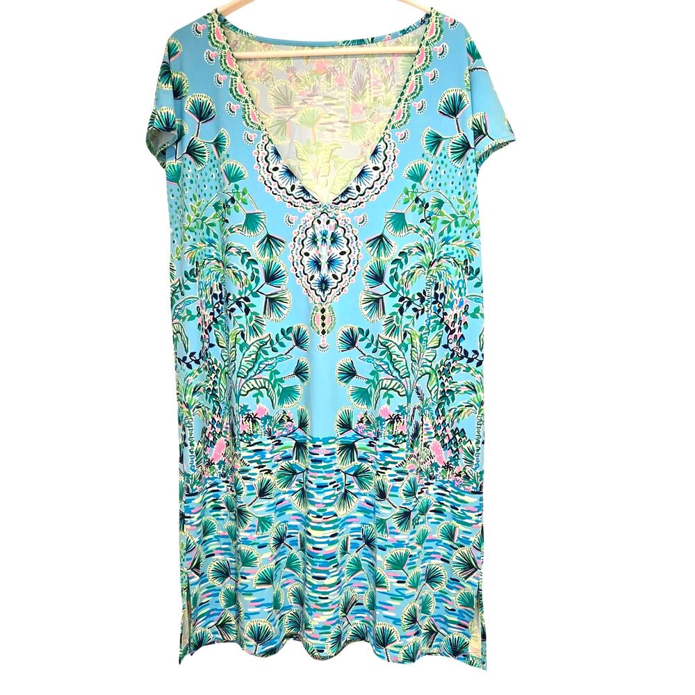 Lilly Pulitzer XL Talli V-Neck Swim Coverup Dress in Aqua Blue Mosaic Shells - Picture 2 of 8